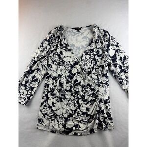 Talbots Womens Blue White Floral Print Faux Wrap Knit Top Shirt Size L